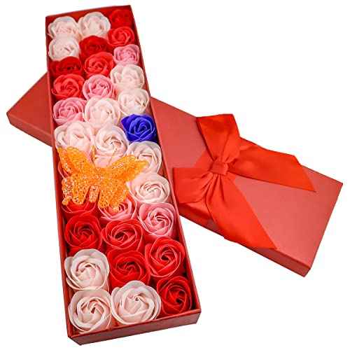 JIALEEY 33 PCS Floral Scented Bath Soap Rose Flower Petals, Plant Essential Oil Rose Soap Set Gifts Ideas for Her Women Girls Mom Valentine's Day, Red Gift Box