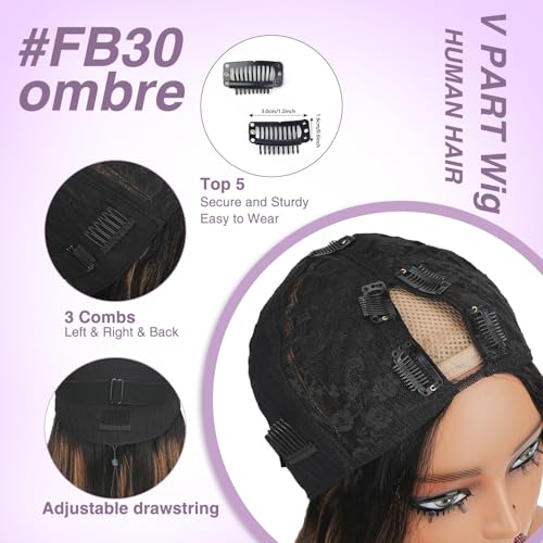 CHEETAHBEAUTY FB30 Ombre V Part Wig Human Hair 16Inch No Leave Out Upgrade Straight U Part Wig Highlight Blonde No Glue Brazilian Virgin Straight Human Hair Wigs for Women Colored Brown 180% Density
