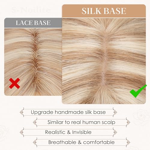 S-noilite Human Hair Toppers for Women with Bangs 100% Real Human Hairpiece 5"x3" Clip in Silk Base Topper Piece Cover Thinning Fine Hair 14 inch Golden Brown Highlighted Blonde