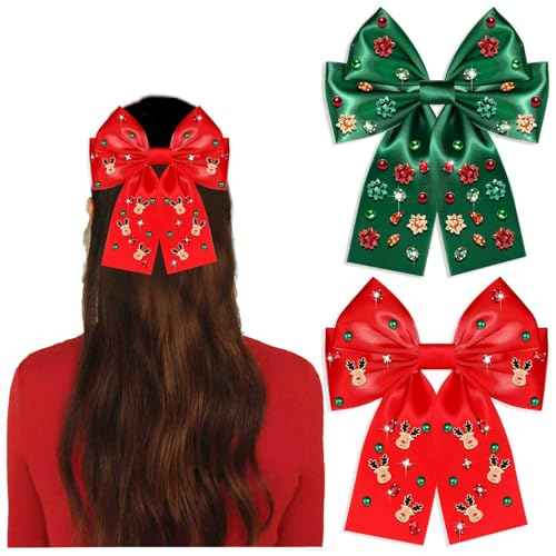 2PCS Christmas Hair Bow Clips for Women Christmas Accessories Xmas Bow Tree Reindeer Snowflake Hair Bows Silky Satin Red Green Bows Holiday Hair Ribbons Christmas Outfits Holiday Gifts