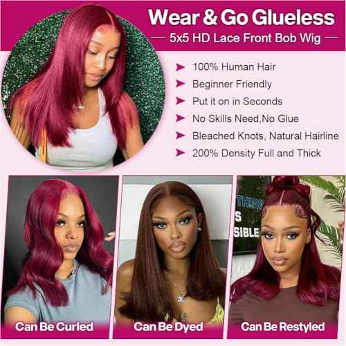 Wear and Go Glueless Bob Wig Human Hair 200% Density 5x5 HD Lace Closure Wigs For Black Women Glueless 5x5 Closure Wigs Human Hair Pre Plucked Bob Burgundy Color 16 Inch