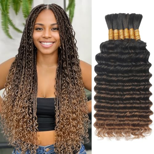 Human Braiding Hair for Boho Braids T30 150g 6 Bundles/Pack 18 Inch Deep Wave Bulk Human Hair for Braiding Virgin Ombre Braiding Hair Extensions Wet And Wavy Human Boho Braiding Hair Bundles
