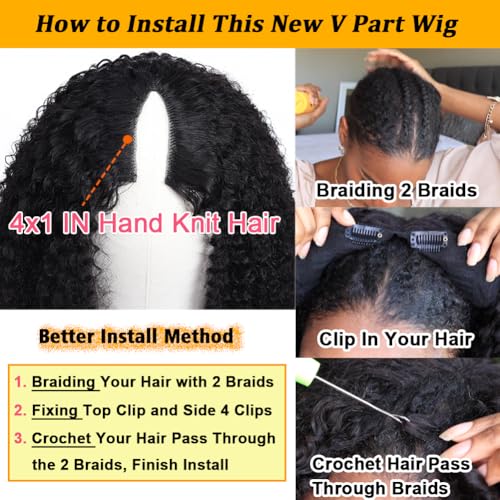 V Part Wig Human Hair Kinky Curly Natural Black 14 Inch | Curly Human Hair Wig Upgrade U Part Human Hair Wigs for Black Women Glueless Wig Wear and Go 180 Density