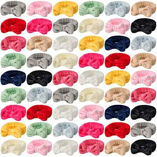 Tigeen 52 Pieces Spa Headband for Washing Face Bulk Soft Coral Fleece Skincare Headband, Bow Makeup Cosmetic Hairband Fluffy Shower Spa Essentials for Girls Women Slumber Supplies(Vivid,Solid Series)