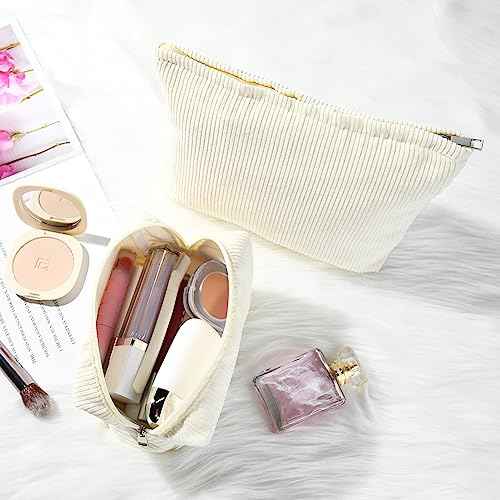 SOIDRAM 2 Pieces Corduroy Makeup Bag Large Corduroy Cosmetic Bag Capacity Canvas Mix Travel Toiletry Bag Organizer Cute Makeup Brushes Aesthetic Accessories Storage Bag for Women