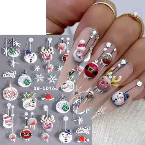 Christmas Nail Art Stickers Decals 5D Embossed Glitter Gold Xmas Nail Decals 3PCS Xmas Tree Lantern Ball Christmas Nails Adhesive Sticker Elk Snowflake Winter Manicure Supply for Nail Art Decorations
