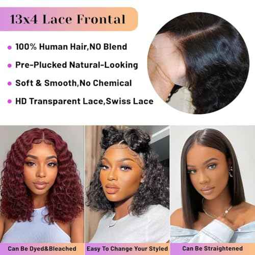 Short Bob Deep Wave Lace Front Wigs Human Hair 13x4 HD Lace Front Wigs Human Hair Pre Plucked Wet and Wavy Wigs for Women 180% Density Deep Curly Hair Wigs with Baby Hair
