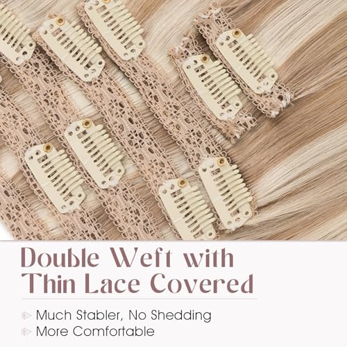 Elailite Clip in Hair Extensions Real Human Hair, Remy Hairpieces for Women, 7PCS Lace Weft Full Head, 14 Inch 100g Golden brown & Bleach Blonde
