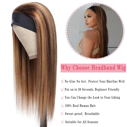 Ombre Headband Wig Human Hair Straight 22 Inch Glueless #2/30 Highlight Colored 150% Density Brazilian Virgin Straight Human Hair Headband Wigs for Black Women