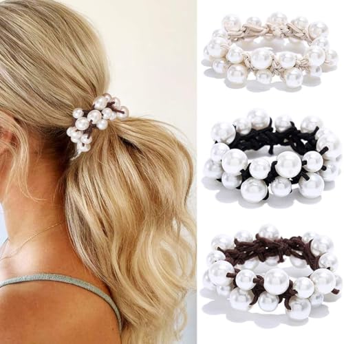 CAKURE Pearl Hair Ties Black Ponytail Holders Elastic Hair Bands Rope Hair Accessories for Women and Girls (Pack of 3)