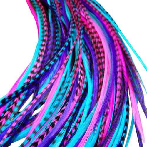 Hair Feathers Extensions Kit, Long Real Rooster Feathers for Hair, DIY Microlink Beads and Loop Tool, Hot Pink, Purple and Turquoise Blue