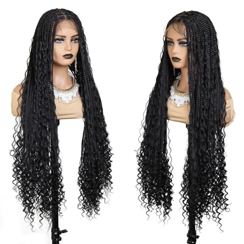 Boho Braided Wigs for Black Women, 36 inch Knotless Full Lace Boho Box Braid Wig, Bohemian Curly Ended Double Full Lace Goddess Braided Wig
