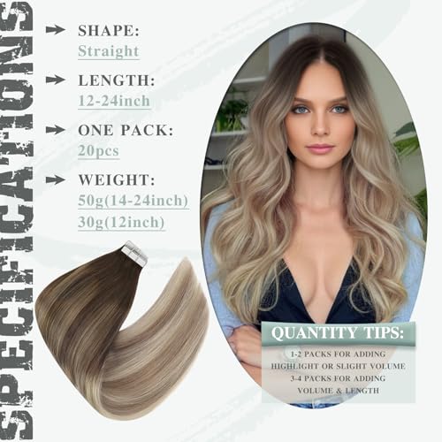 Ve Sunny Human Hair Tape in Extensions 22 Inch Invisible Hair Extensions Tape in Remy Human Hair Dark Brown Ombre Golden Blonde Balayage Platinum Blonde Tape in Hair Extensions Seamless 20Pcs 50g