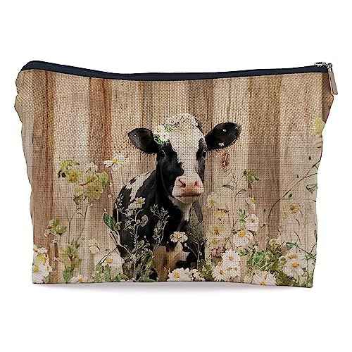Ayxvt Rustic Watercolor Baby Dairy Cow Daisy Flower Farmhouse Cosmetic Bag Decorative Women's Makeup Bag Zipper Pouch Travel Toiletry,Cow Lover Gifts