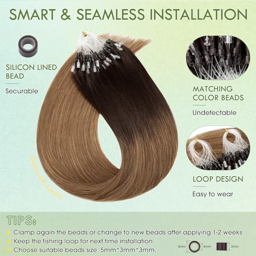 Hairro Microlinks Hair Extensions Real Human Hair Micro Ring Beads Remy Hair Extension Cold Fusion I Tip Loop Stick Hairpiece For Women 22 inch 50g 100 Strands #2T6 Dark Brown Ombre Light Brown