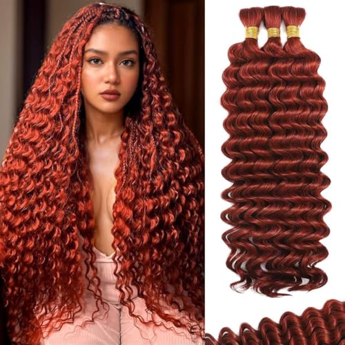 Human Braiding Hair for Boho Braids 120g 12A Deep Water Wave Bulk Human Hair Knotless Boho Braiding Curly 100% Virgin No Weft Extensions Bohemian Braids 3 Bundles/Pack Copper 24 Inch