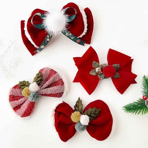 Christmas Red Bow Hair Clips, Xmas Duckbill Bow Barrette Hair pins Fabric Fur Ball Hair Headdress Headwear for Kids Girls Women Christmas Hair Accessories
