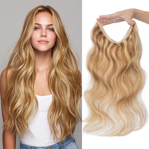 Halo Hair Extensions Real Human Hair Invisible Wire Extensions with Transparent Fish Line Wavy Curly Halo Clip in Human Hairpieces Golden Brown & Bleach Blonde 16 Inch