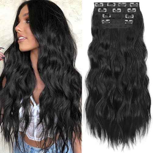 KooKaStyle Clip in Synthetic Hair Extensions Long Wavy 4PCS Thick Hairpieces Black Fiber Double Weft Natural Hair Extensions 24 Inch for Women
