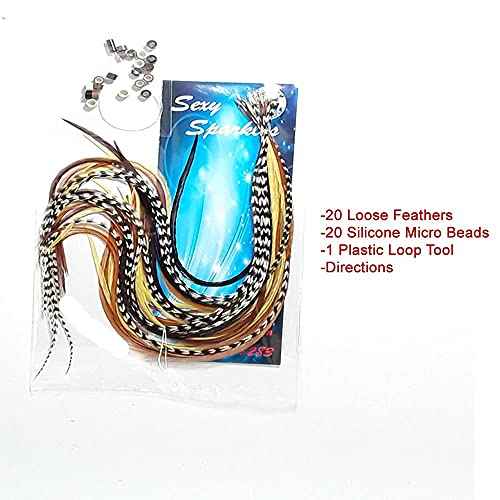 Feather Hair Extensions ? 100% Real Rooster Feathers, 20 Natural Color Feathers, Ranging from 8 to 11 Inches, Includes 20 Micro Beads and Loop Tool Kit