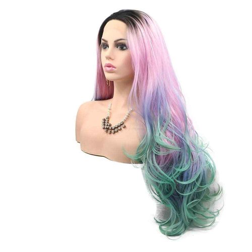 Melody Pink Green Ombre Synthetic Lace Front Wigs With Dark Roots Middle Part Long Wave Wigs for Women 180% Density Half Hand Tied Heat Resistant Fiber Hair Gift for Christmas Halloween 24''