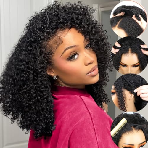 Curly Half Wig 200% Density Kinky Curly Half Wig 3 In 1 Seamless Flip Over Glueless Wigs with Drawstring Beginner Friendly Curly Wig Headband Wig for Women Daily Wear