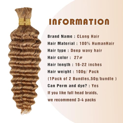 Honey Human Hair Deep Wave Bulk for Braiding - 27# Color No Weft Curly Extensions for Boho Braids, Wet and Wavy (22 Inch, #27, 100g)