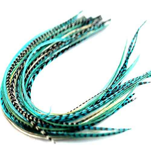 Feather Hair Extension ? Turquoise and Grizzly Feathers, All Bonded Together at the Tip, Ranging From 7 to 10 Inches in Length, With a Total of 5 Feathers