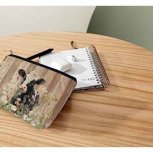 Ayxvt Rustic Watercolor Baby Dairy Cow Daisy Flower Farmhouse Cosmetic Bag Decorative Women's Makeup Bag Zipper Pouch Travel Toiletry,Cow Lover Gifts