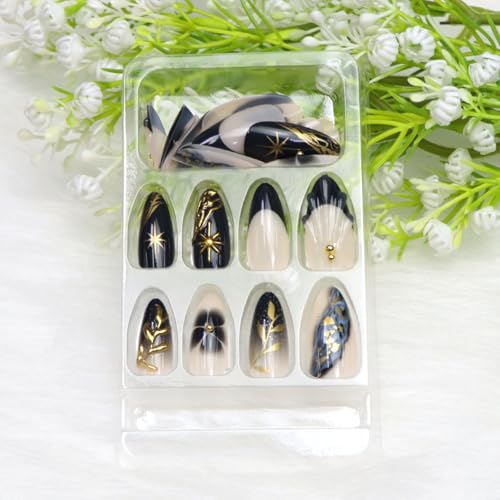 Medium Press on Nails Almond Golden Leaves Beads Stars Flowers Dark Blue French Tip Fake Nails Press ons Acrylic Glossy Glue on Nail Full Cover Stick on Nail for Women 24 Pcs
