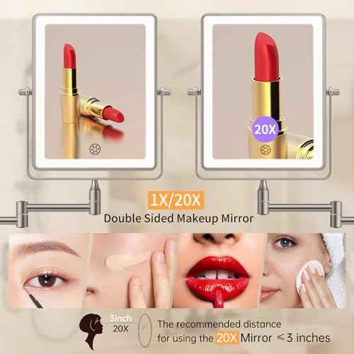 Wall Mounted Lighted Makeup Mirror, 1X/20X Magnifying 5000mAh Rechargeable Make Up Mirror with 3 Color Lights, Touch Dimmable, 360 Rotation Wall Mount Mirror Swing Arm with Tweezer and Adapter
