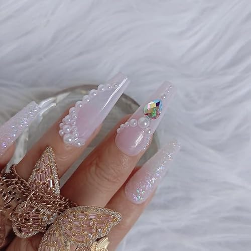 24Pcs Pearl Pink Press on Nails Long Fake Nails Acrylic Ballet coffin Design Nails for Women and Girls False Nails