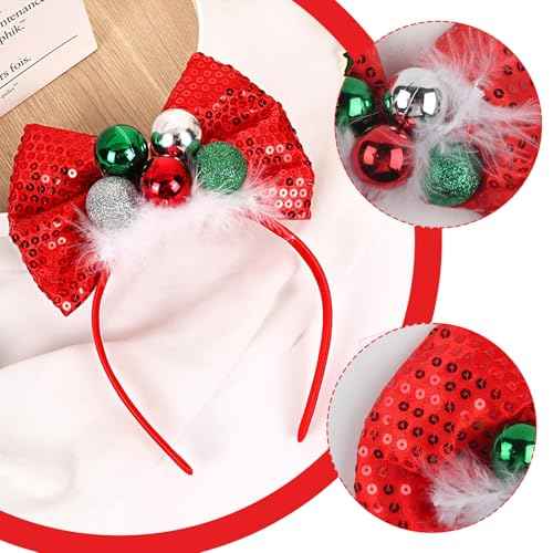 Christmas Headbands for Women Sequin Bows Headband for Girls Cute Headband for Adults Christmas Festive Party Hair Bands Glitter Silver Green Red Balls Hairband Red New Year Xmas Hair Accessories 1Pcs