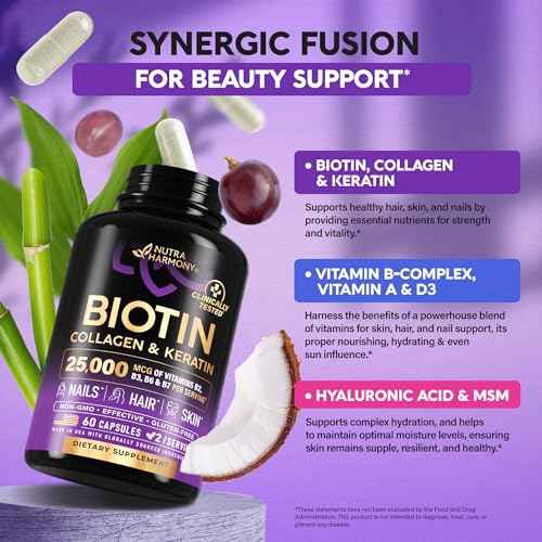 Biotin | Collagen | Hyaluronic Acid | Keratin - Clinically Tested Supplement - Hair Growth Support, Skin & Nails - 25000 mcg Vitamins B2, B3, B6 & B7 + B1 - Made in USA - Women & Men | 60 Capsules