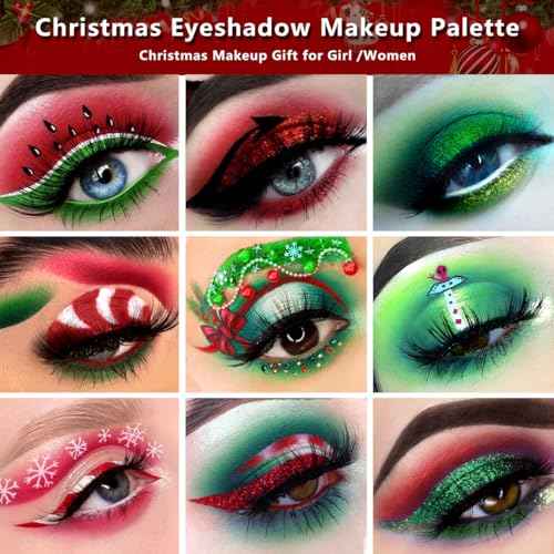 Afflano Green Eyeshadow Palette Christmas Makeup Gift, Multichrome Red Green Eyeshadow Palette High Pigmented, Emerald Forest Glitter green Eye Shadow White Black Lime Teal Blue Witch FX Xmas Makeup