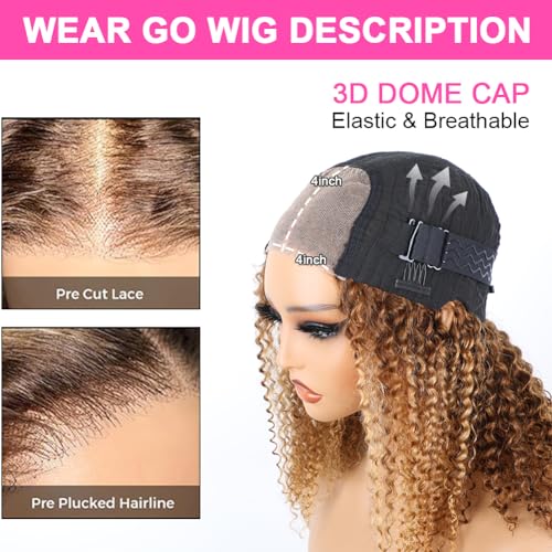 14 inch Kinkycurly Wear and Go Glueless Wig Ombre Highlight 4/27 Wigs Pre Cut Transparent Lace Wig human hair Pre Plucked,Natural Hairline for Women 200% Density