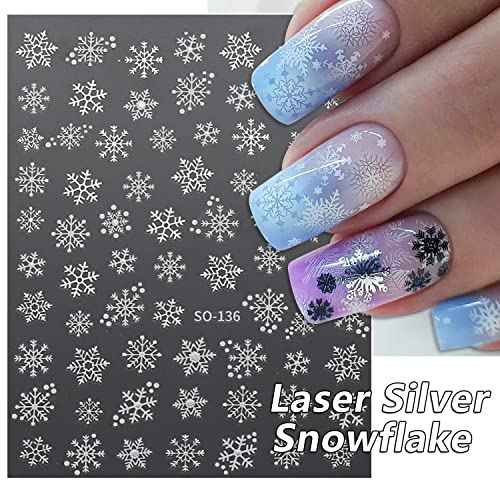 Christmas Nail Art Stickers Decals, White Sliver Snowflake Nail Decorations 3D Winter Christmas Xmas Snowmen Elk Trees Design Nail Stickers for Acrylic Nail Art Happy New Years Party Supplies 5Sheets
