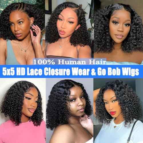 Wear and Go Bob Wig Human Hair Deep Wave Glueless Wigs Human Hair Pre Plucked Pre Cut 5x5 HD Lace Closure Curly Wigs for Black Women Lace Front Glueless Wigs Human Hair 14inch