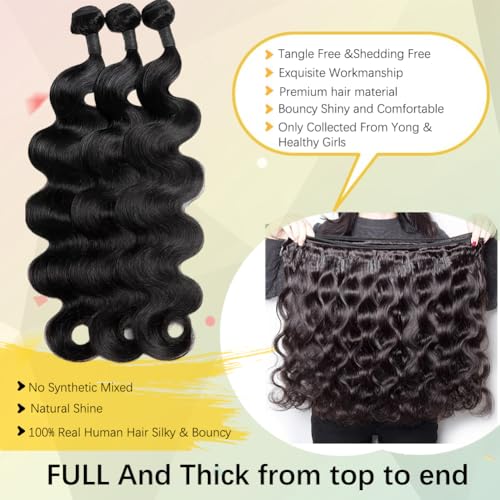 Miss Lee Body Wave Bundles Human Hair 18 20 22Inch 100% Unprocessed 12A Brazilian Virgin Raw Bundles Human Hair 3 Quick Weave Glossy Hair Bundles for Black Women Hair Extensions Real Natural Color