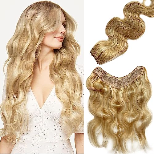 100G Clip in Real Human Hair Extensions - 22Inch Balayage Chestnut Blonde to Platinum Blonde Ombre - 3/4 Full Head One Piece Clip Ins - V Shape Invisible Curly Clip on Hair Extensions