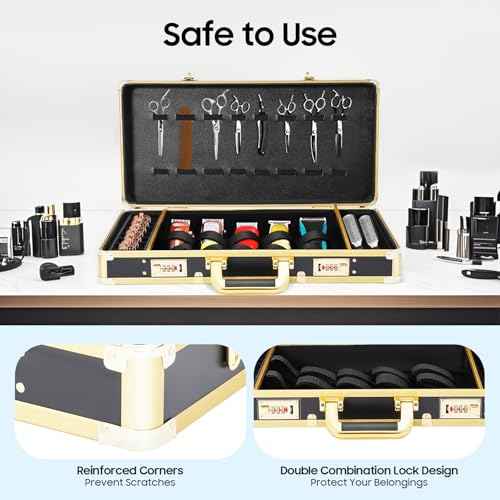 Barber Carrying Case - Sturdy Portable Storage for Clippers, Scissors, and Salon Tools - Multi-Space Organizer with Combination Lock - for Barbers, Stylists, and Groomers (Black, Golden)