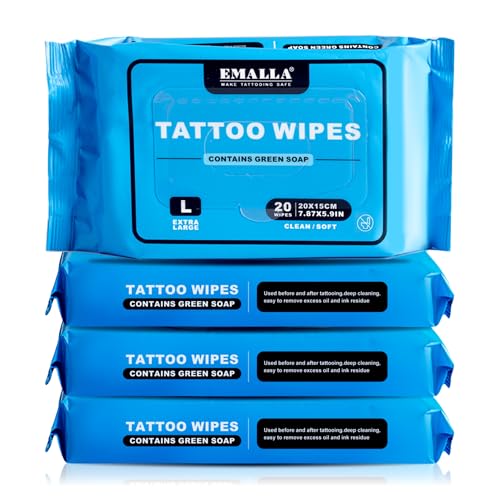 Yuelong Green Soap Tattoo Wipes 80Count L Cleaning TattooCare Wipe for During Tattooing & Aftercare Studio-Grade, Natural Formula Wipes for Tattooing, Microblading & Piercing Care (L-20Count(4 Pack))