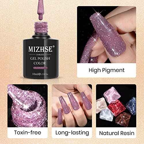 MIZHSE Reflective Glitter Gel Nail Polish, Shimmery Gel Polish Set 10ml Sparkly Shiny Gel Soak Off UV LED Nail Art Varnish Manicure Kit DIY at Home