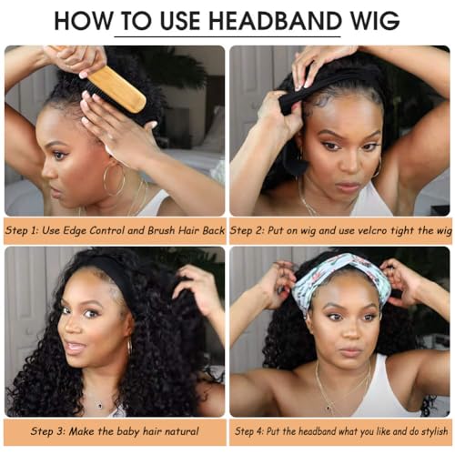 Hair Curly Wigs for Black Women 20 inch Wigs Human Hair Glueless Wear and Go None Lace Front Wig Headband Wigs Machine Made 150% Density Natural Color