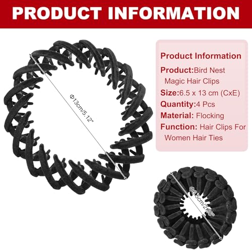 Bird Nest Magic Hair Clip, Hairs Maker Flocking Ponytail Holder Hair Barrettes Accessories Shaper for Women Girls Hair Ties Thin Thick Fine Curly Hairs (4 Pack, Black)