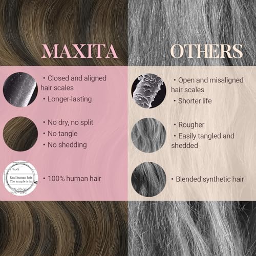 MAXITA Hair Extensions Clip in Human Hair, 120g 7pcs 16 Inch, Balayage Dark Brown Mixed Chestnut Brown Hair Extensions Real Human Hair Remy Natural Straight Hair for Woman
