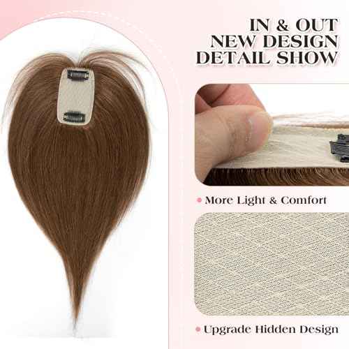 isheeny Human Hair Topper for Women 10Inch Real Human Hair Toppers For Changing Your Look, Dark Brown #4 Natural Hair Pieces for Women With Artificial Base & 2 Secure Clips