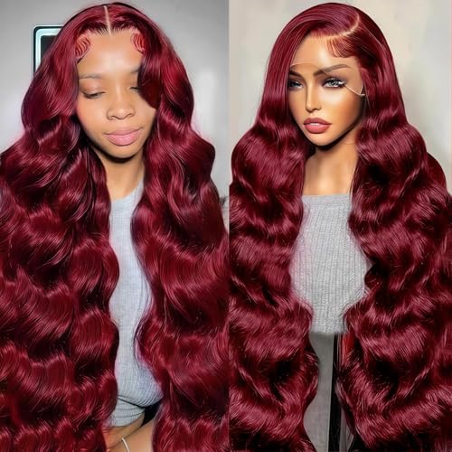 22 Inch 99j Burgundy Lace Front Wigs Human Hair 13x4 HD Red Burgundy Wig Human Hair 200% Body Wave Lace Front Wigs Pre Plucked Glueless Frontal Wigs for Women