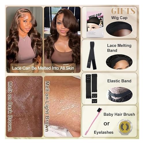 XZZ 32 Inch Chocolate Brown Lace Front Wig Human Hair 13X4 HD Lace Closure Dark Brown Human Hair Wig #4 Brown Body Wave 200% Density Virgin Pre Plucked with Baby Hair for Women
