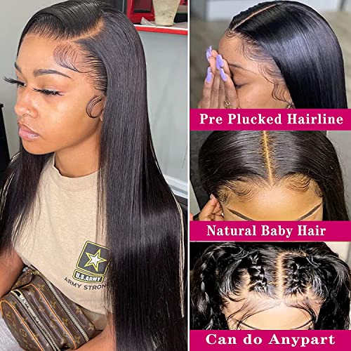 13x4 Straight Lace Front Wigs Human Hair 200% Density Straight Frontal Wig Pre Plucked with Baby Hair Hd Transparent 20 Inch Glueless Bone Straight Wig Brazilian Virgin Hair for Women Natural Black